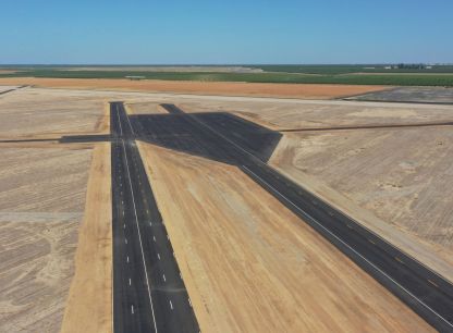 An aerial shot of an AB Dynamics testing track in an arid location